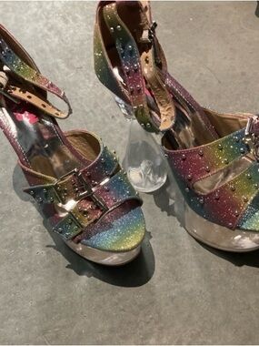Rainbow Glitter Platform Heels with Studded Straps